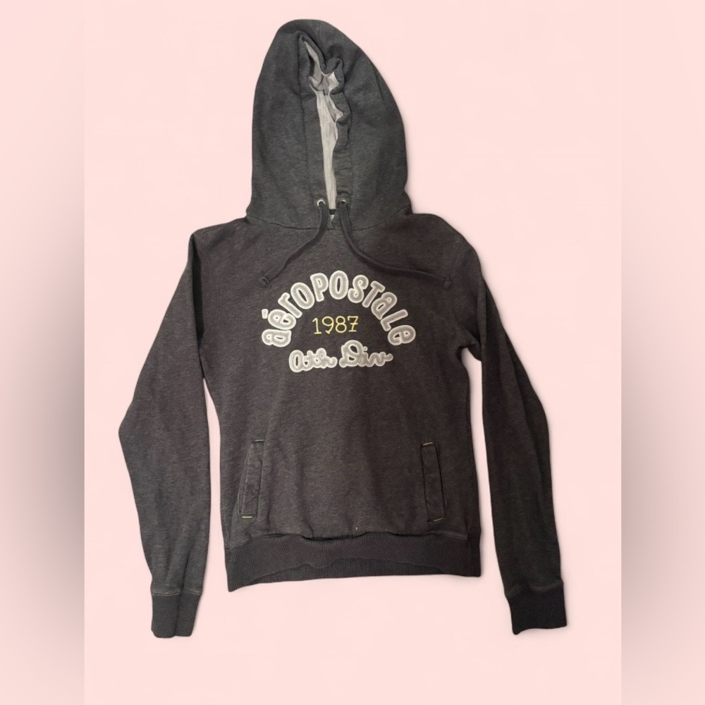 Vintage Y2K Aeropostale Hoodie Gray Logo Pullover Size Medium - Picture 4 of 9